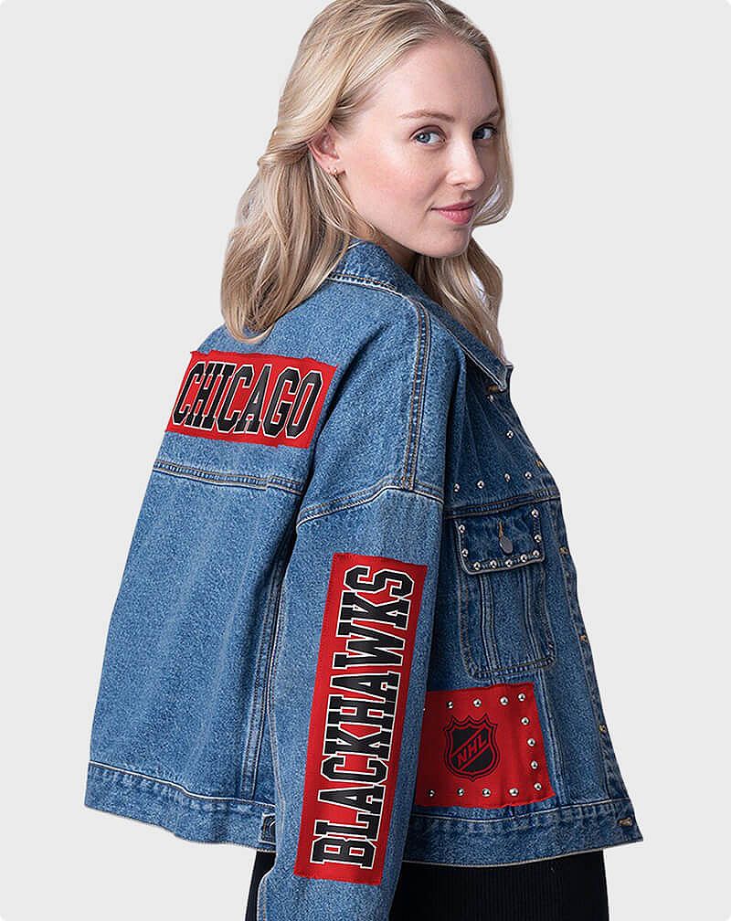 Woman wearing NHL Chicago Blackhawks blue denim jacket