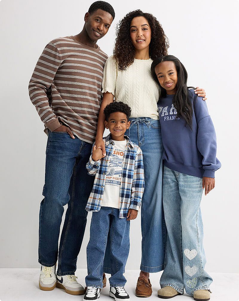 Stylish family wearing jeans and denim pants
