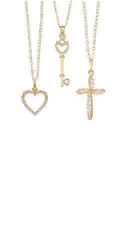 gold necklaces, heart necklace, key necklace, cross necklace