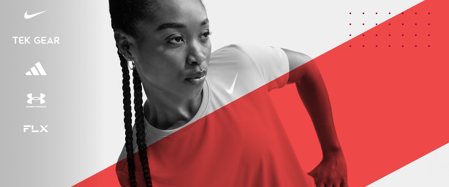 Woman wearing Nike shirt with activewear brand logos juxtaposed on the side