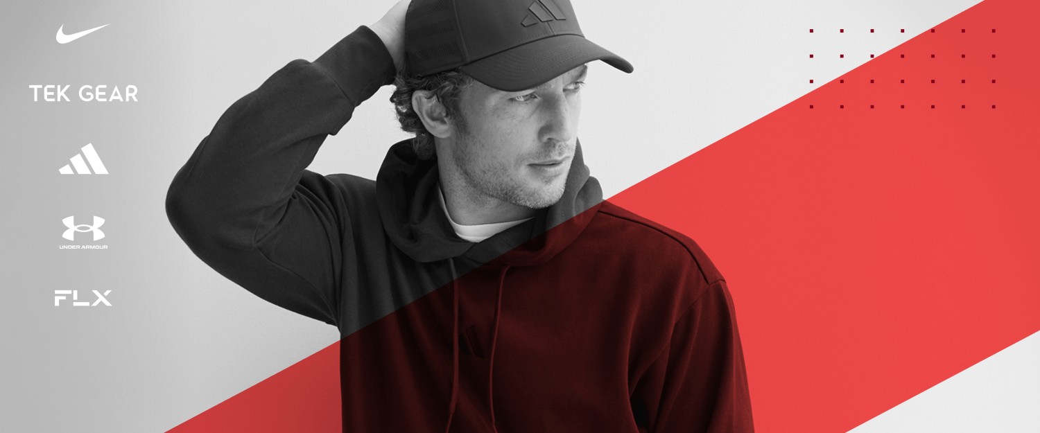 Man wearing Adidas had and athletic sweatshirt with activewear brand logos juxtaposed on the side