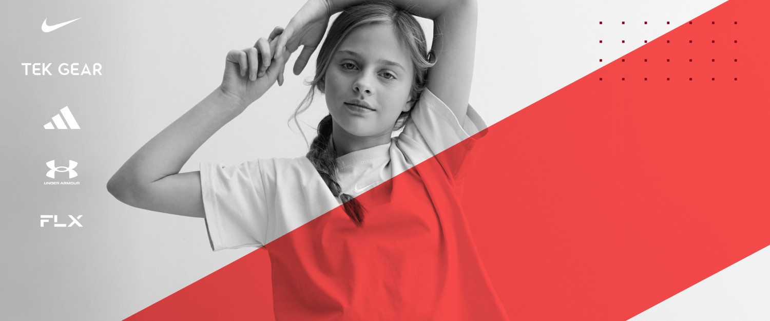 Girl stretching with athletic t-shirt and activewear brand logos juxtaposed on the side