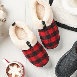 tartan slippers with pom poms